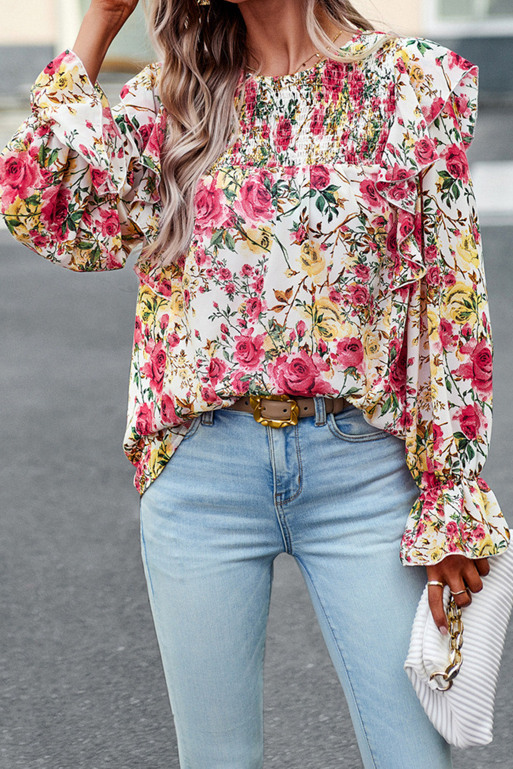 White Floral Printed Ruffle Trim Long Sleeve Blouse Tops & Tees JT's Designer Fashion