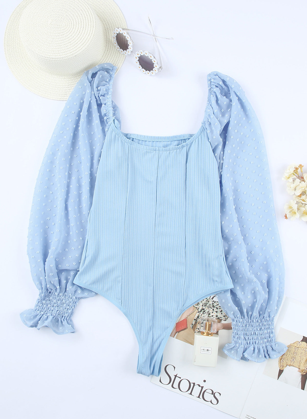 Sky Blue Solid Swiss Dot Ribbed Puff Sleeve Bodysuit Bodysuits JT's Designer Fashion