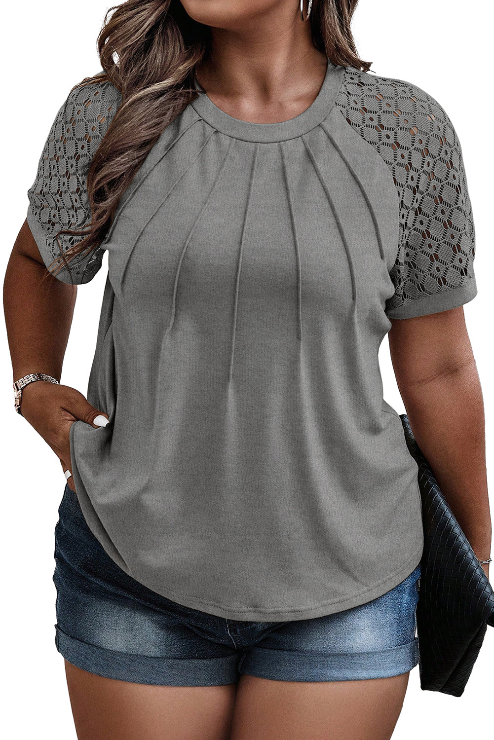 Medium Grey Lace Splicing Sleeves Seam Detail Plus Size Top Plus Size JT's Designer Fashion