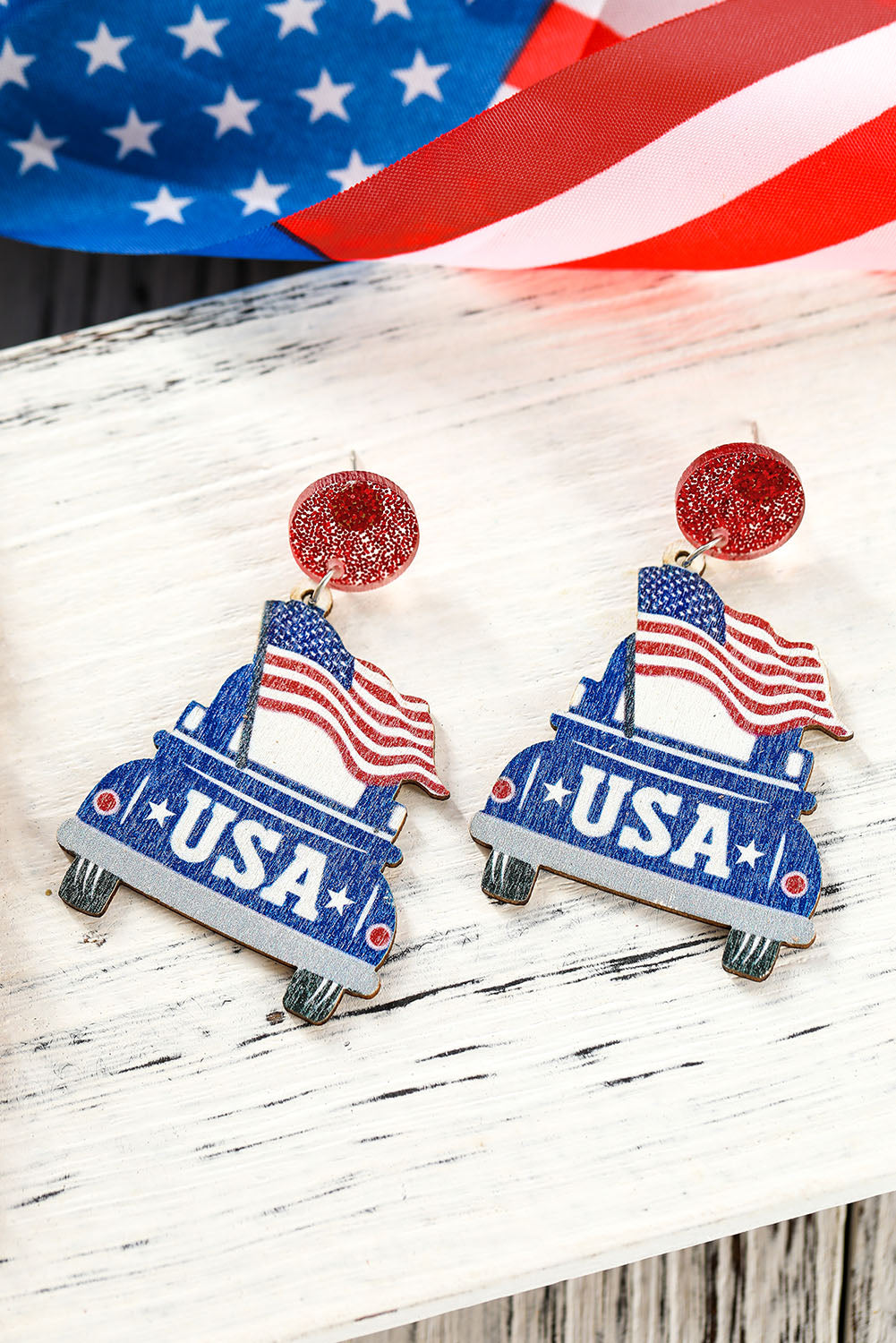 Multicolor USA Flag Car Shape Wood Dangle Earrings Jewelry JT's Designer Fashion