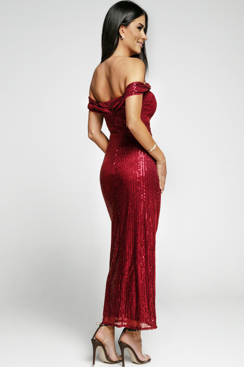 Red Off Shoulder Side Slit Bodycon Sequin Dress Sequin Dresses JT's Designer Fashion