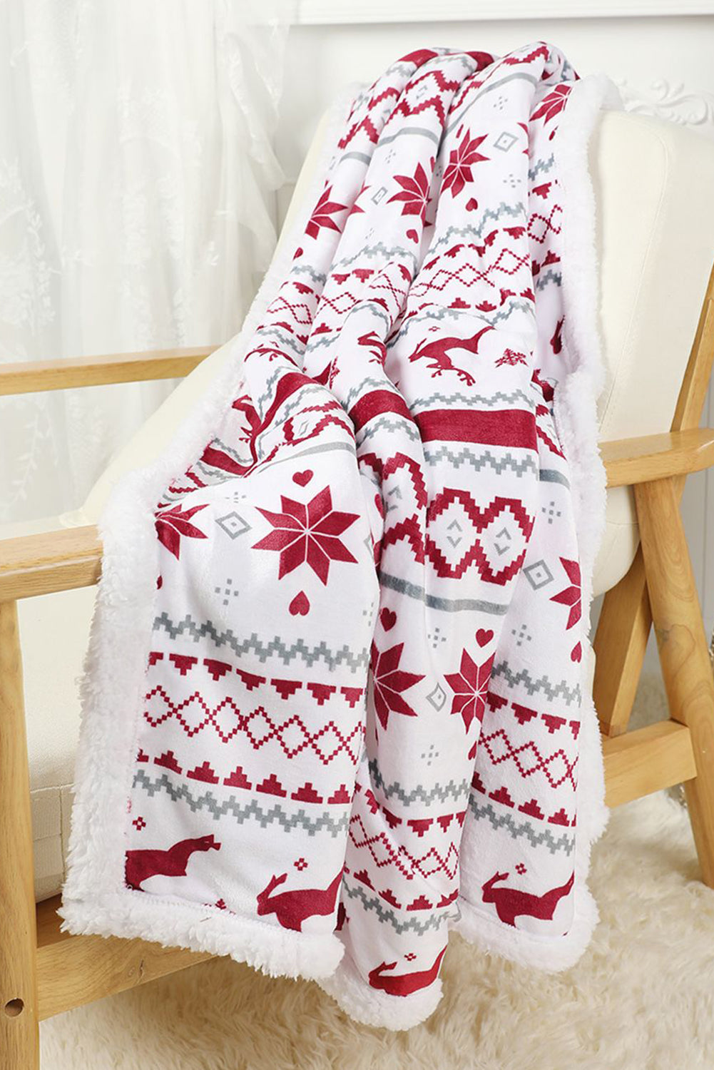 White Christmas Reindeer Snowflake Printed Sherpa Blanket Other Accessories JT's Designer Fashion