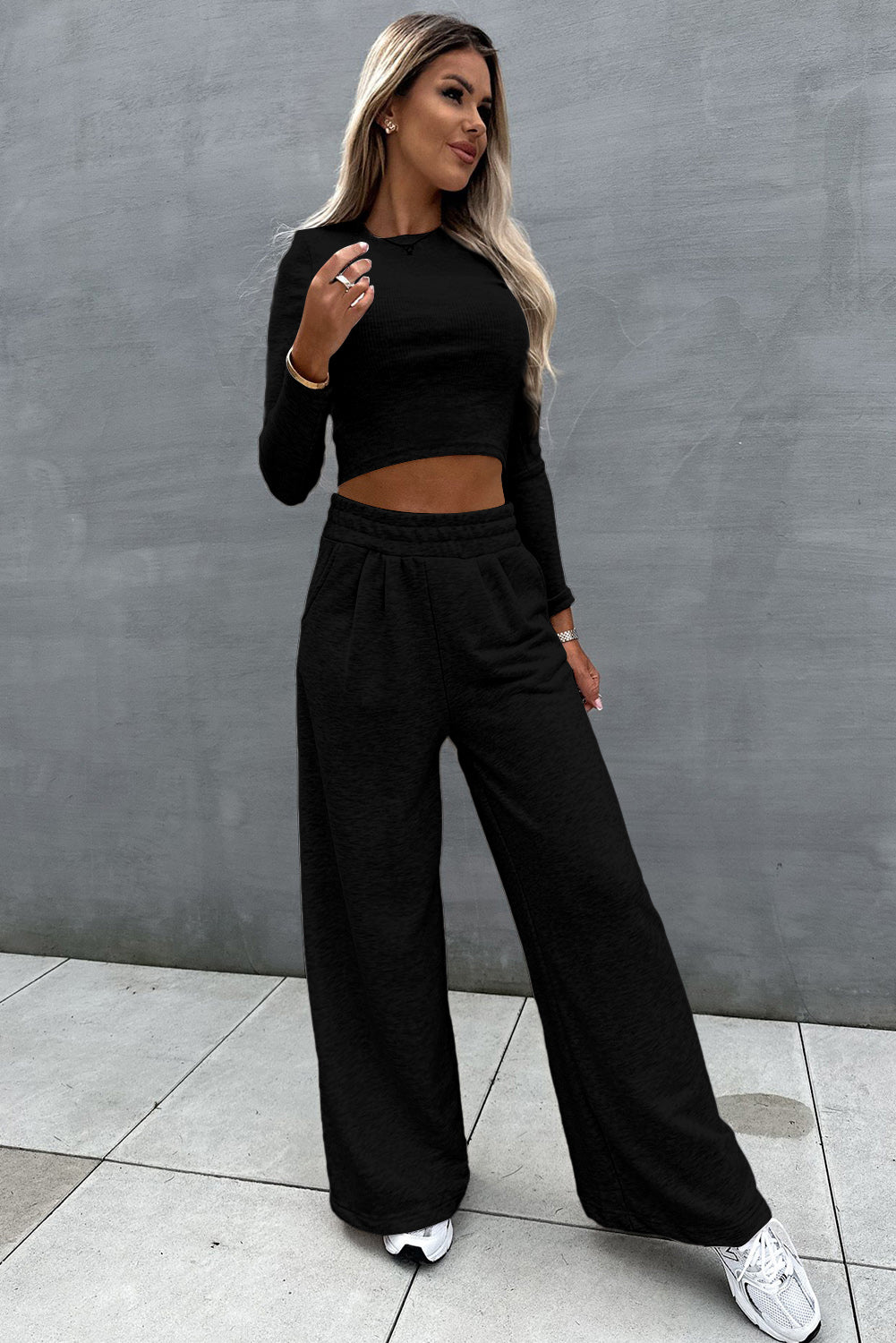 Black Crop Top and Wide Leg Pants Two Piece Set Bottoms JT's Designer Fashion