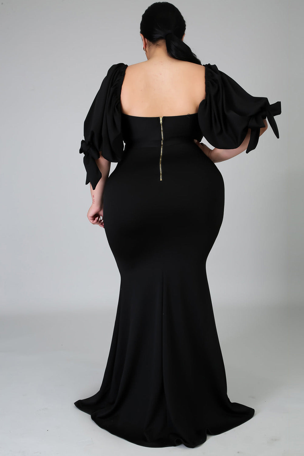 Black Bow Tie Puff Sleeve Plus Size High Slit Maxi Dress Plus Size Dresses JT's Designer Fashion