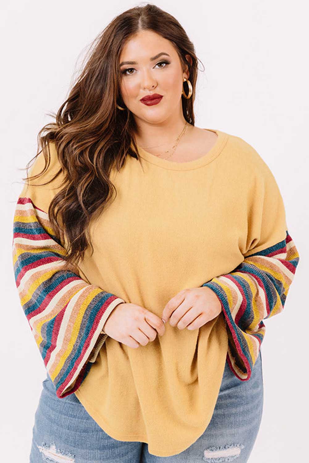 Yellow Serape Striped Bell Sleeve Plus Size Sweater Plus Size JT's Designer Fashion