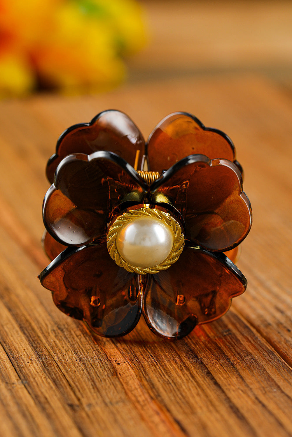 Brown Flower Shape Pearl Inlay Small Hair Claw Clip Headwear JT's Designer Fashion