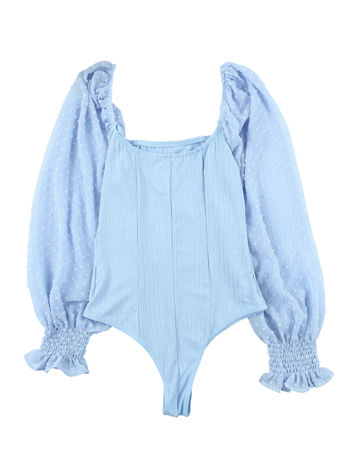 Sky Blue Solid Swiss Dot Ribbed Puff Sleeve Bodysuit Bodysuits JT's Designer Fashion