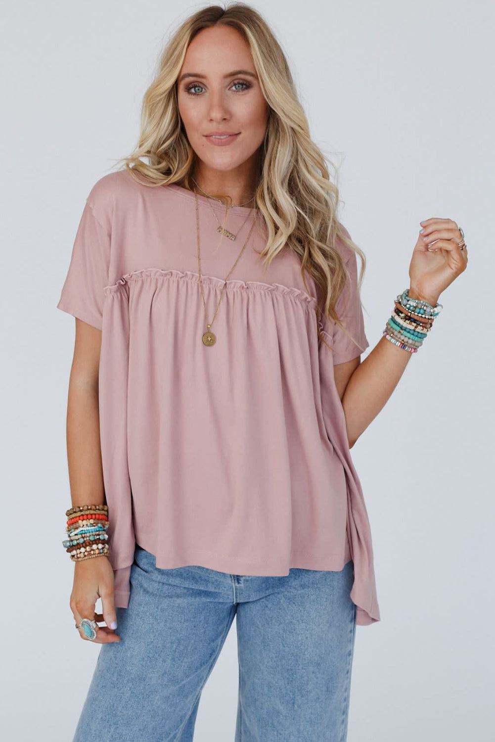 Light Pink Solid Color Ruffled Trim Loose Babydoll Blouse Tops & Tees JT's Designer Fashion