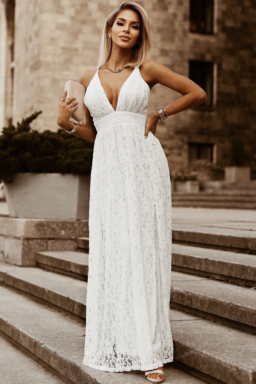 White Floral Lace Open Back Maxi Party Dress White 95%Polyester+5%Elastane Evening Dresses JT's Designer Fashion