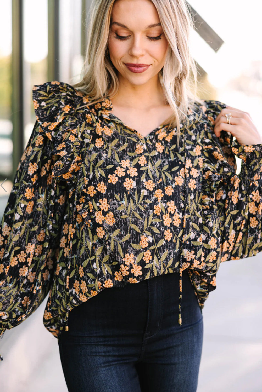 Black Plus Size Split Neck Ruffled Bubble Sleeve Floral Blouse Blouses & Shirts JT's Designer Fashion