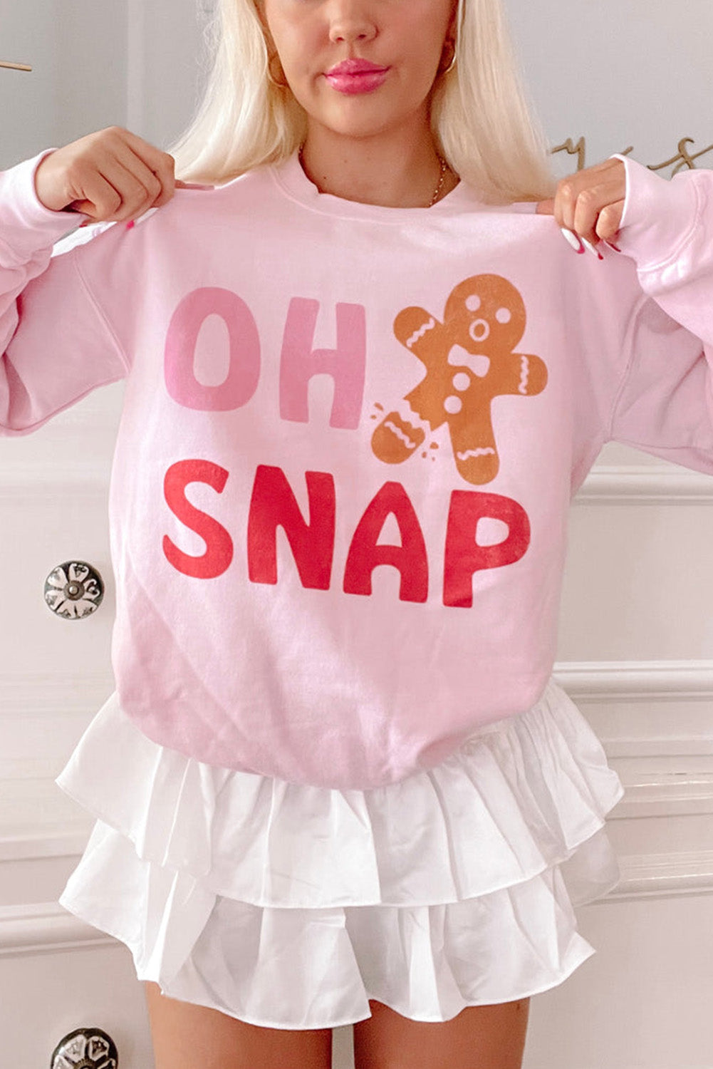 Pink OH SNAP Gingerbread Man Christmas Pullover Sweatshirt Graphic Sweatshirts JT's Designer Fashion