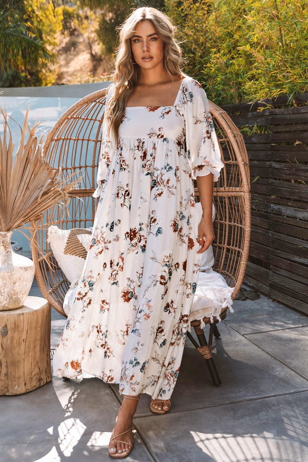 White Puff Mid-sleeve Floral Maxi Dress Maxi Dresses JT's Designer Fashion