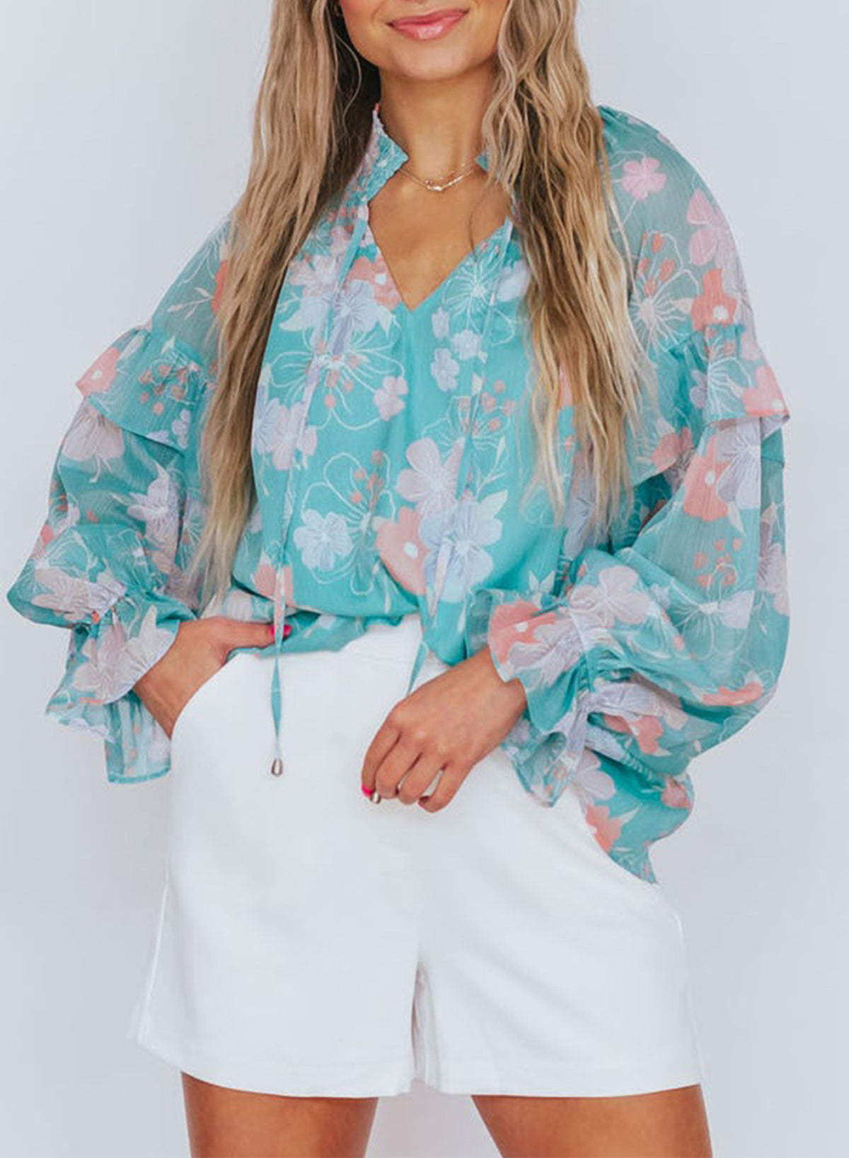 Sky Blue Floral Split Neck Ruffled Puff Sleeve Blouse Sky Blue 100%Polyester Blouses & Shirts JT's Designer Fashion