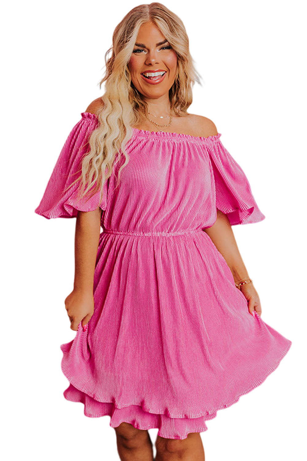 Rose Ruffled Off Shoulder High Waist Plus Size Mini Dress Plus Size JT's Designer Fashion