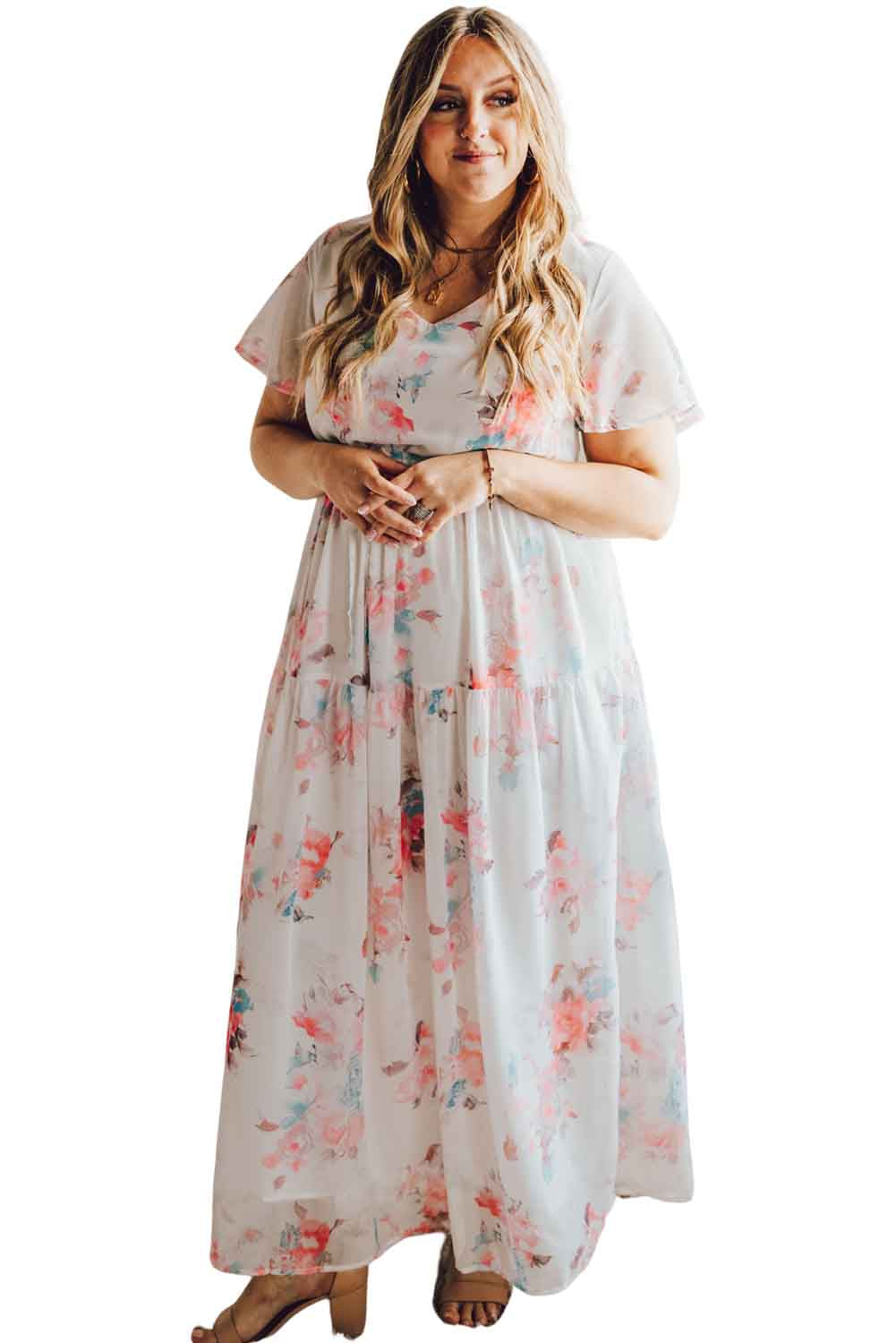 White Floral Print Lace-up High Waist Plus Size Maxi Dress Plus Size JT's Designer Fashion