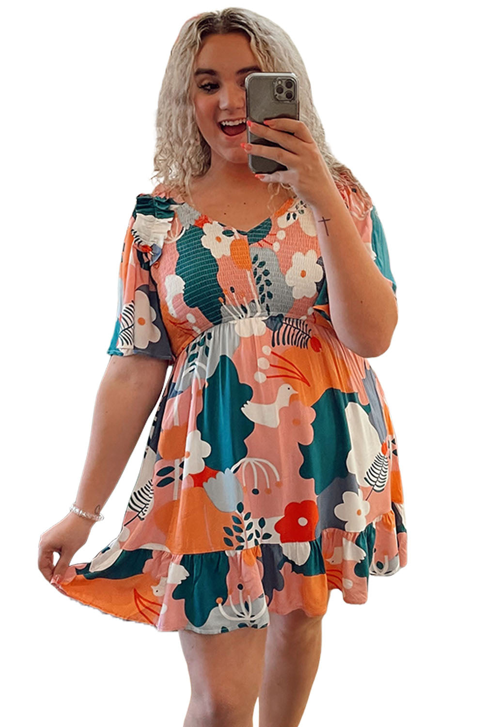 Multicolor Plus Size Shirred Mixed Print Ruffle Dress Plus Size Dresses JT's Designer Fashion