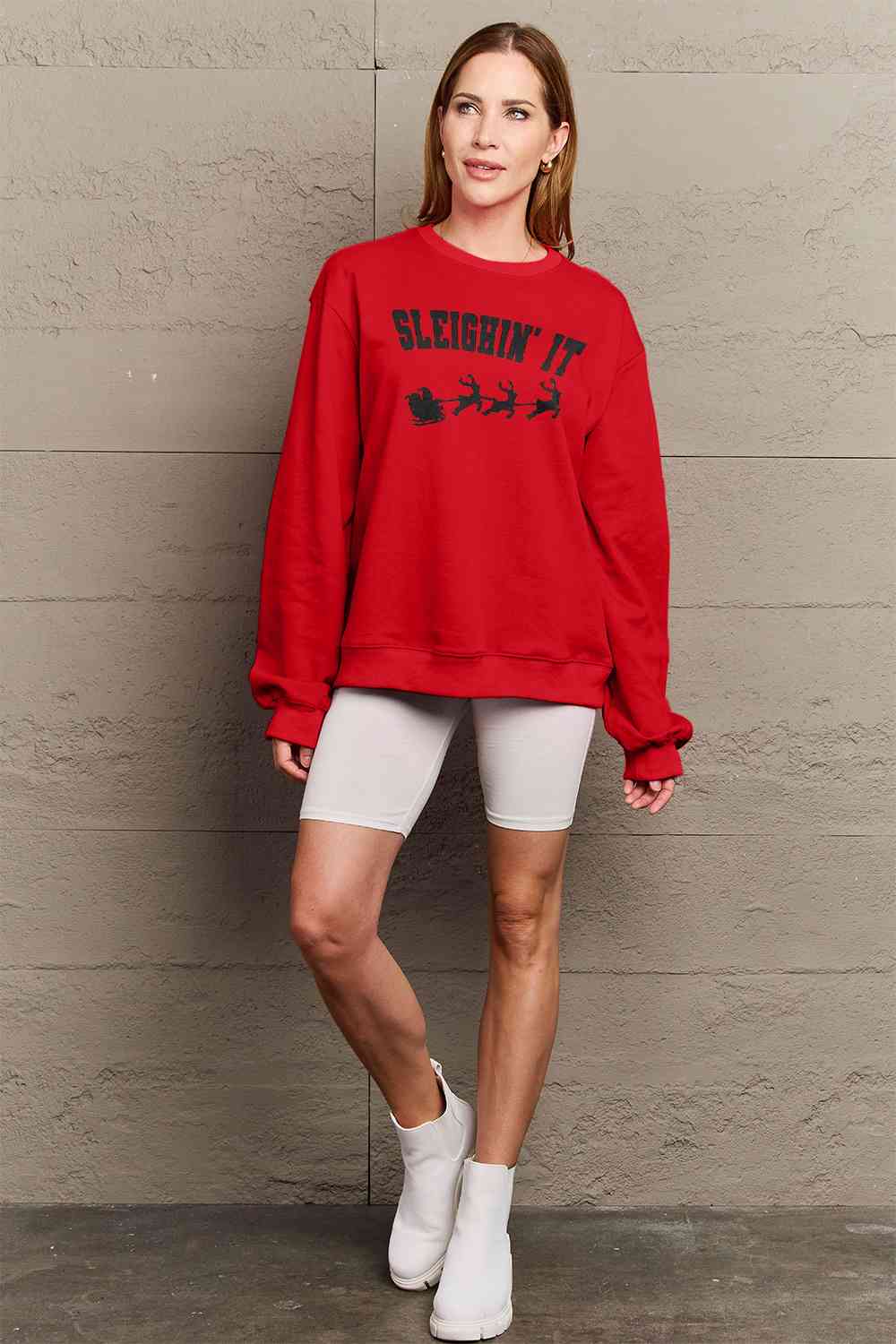 Simply Love Full Size SLEIGHIN' IT Graphic Sweatshirt Graphic Sweatshirts JT's Designer Fashion