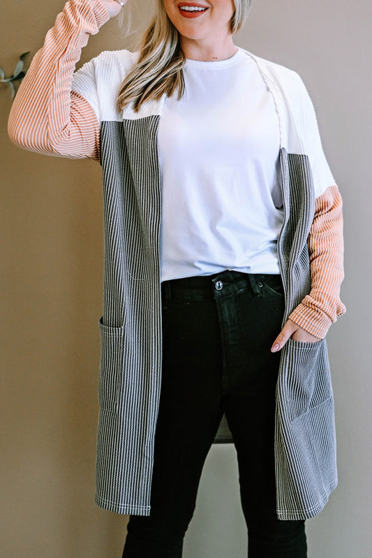 Gray Corded Colorblock Open Front Cardigan Plus Size Tops JT's Designer Fashion