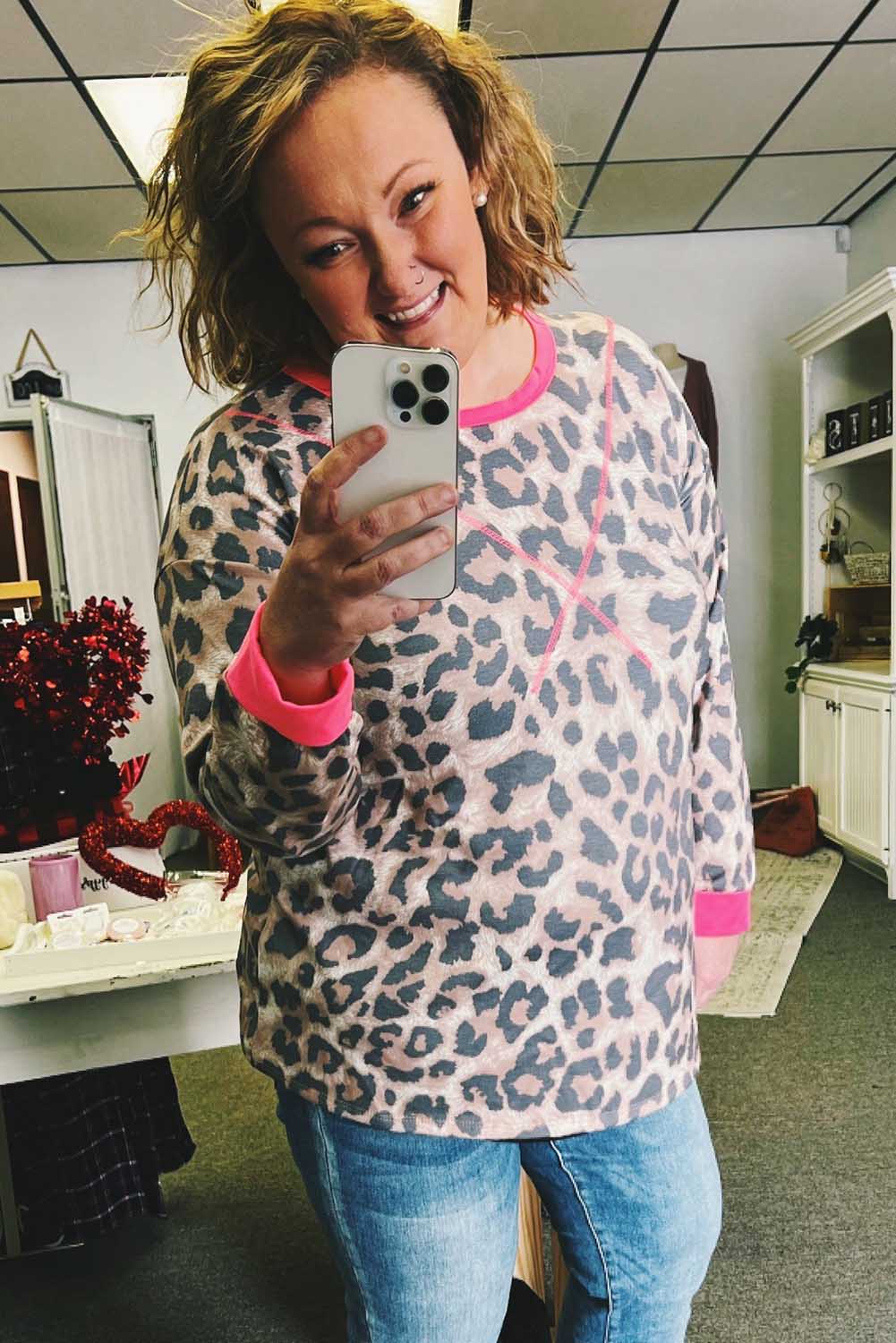 Leopard Contrast Trim Cross-Seam Plus Size Long Sleeve Top Plus Size JT's Designer Fashion