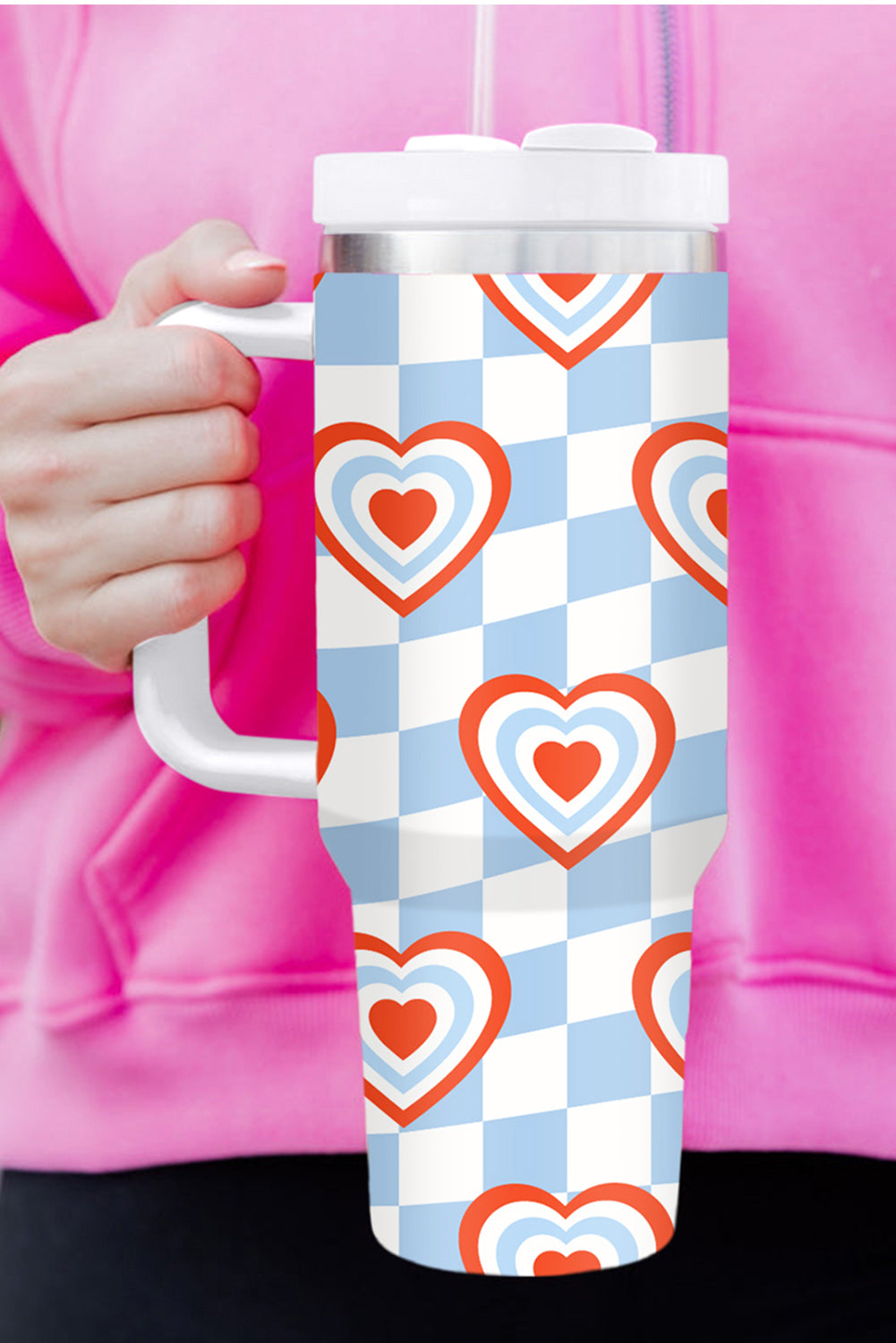 Mist Blue Heart Print Checkered Stainless Thermos Cup Tumblers JT's Designer Fashion