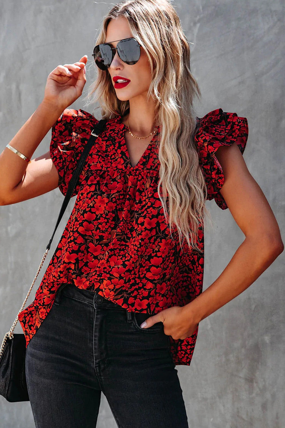 Red Floral Print Tiered Flutter Sleeve V Neck Top Tank Tops JT's Designer Fashion