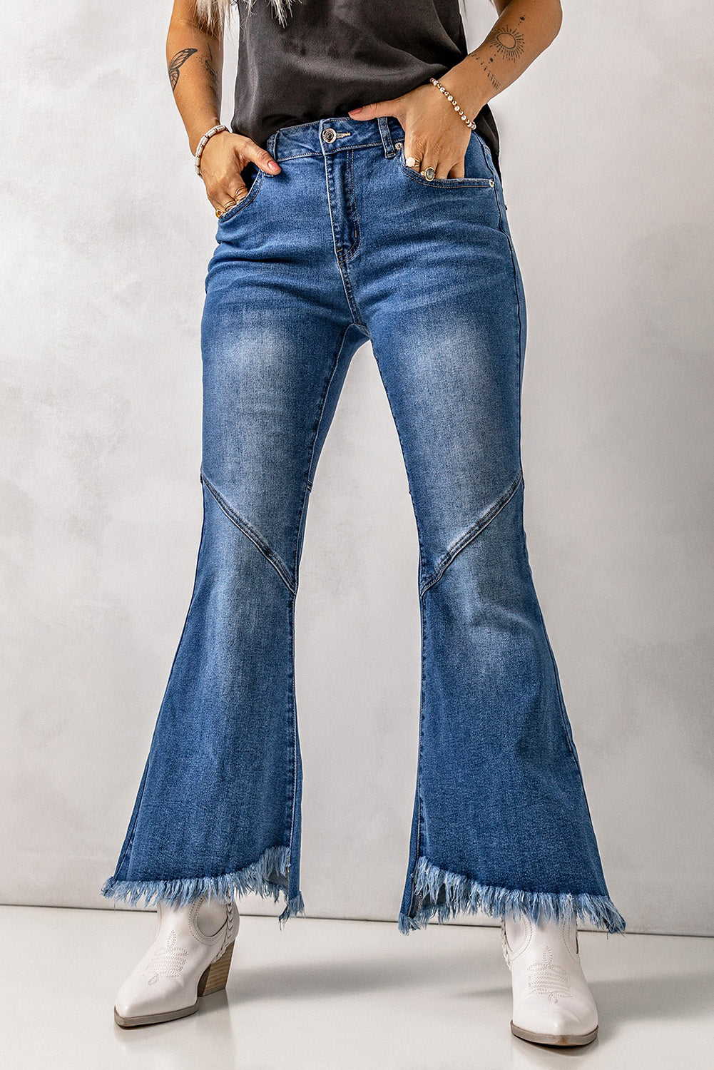 Sky Blue Vintage Frayed Tassel Bell Bottom Pants Jeans JT's Designer Fashion