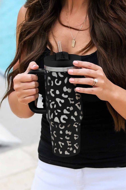 Black Leopard Print 40OZ Stainless Steel Portable Cup with Handle Tumblers JT's Designer Fashion