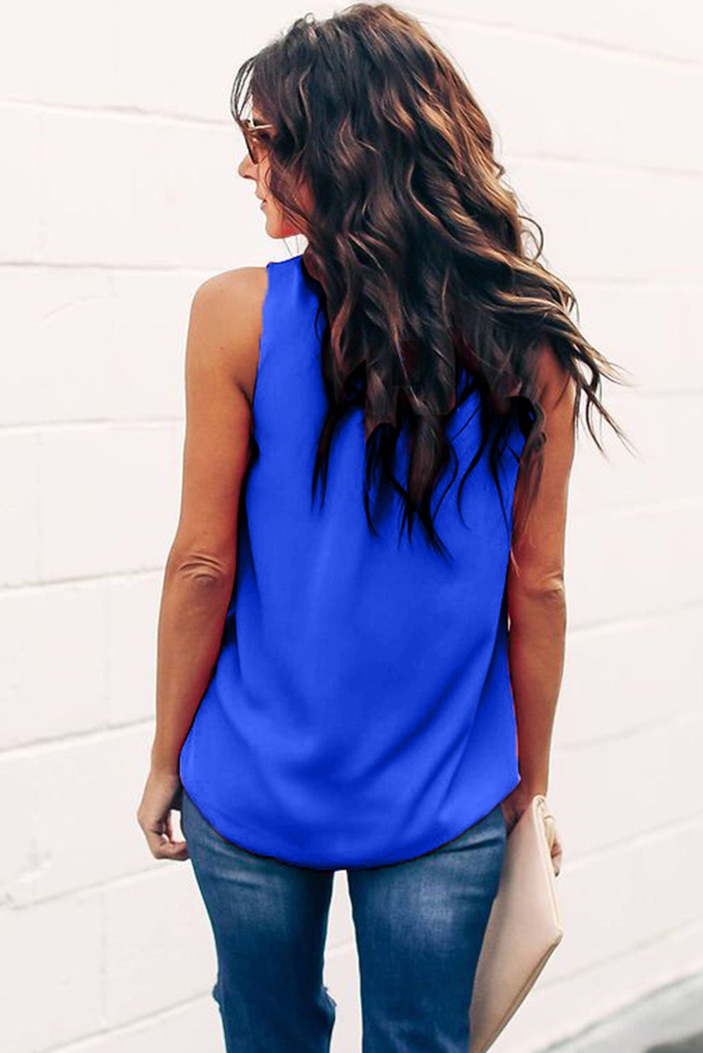 Blue Ruffle Trim Neckline Tank Top Tank Tops JT's Designer Fashion