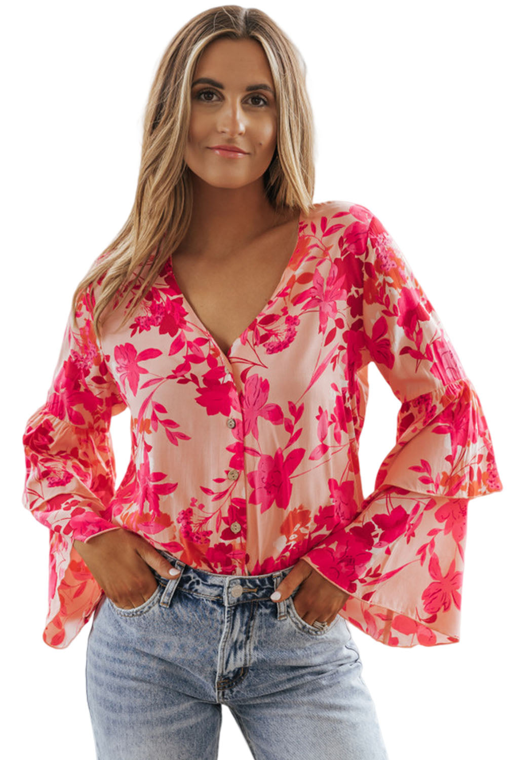 Pink Floral Double Bell Long Sleeve Buttoned Bodysuit Tops & Tees JT's Designer Fashion