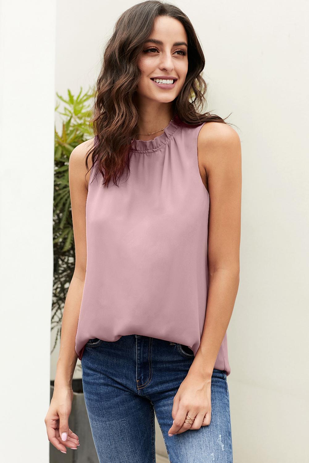 Pink Ruffle Trim Neckline Tank Top Tank Tops JT's Designer Fashion