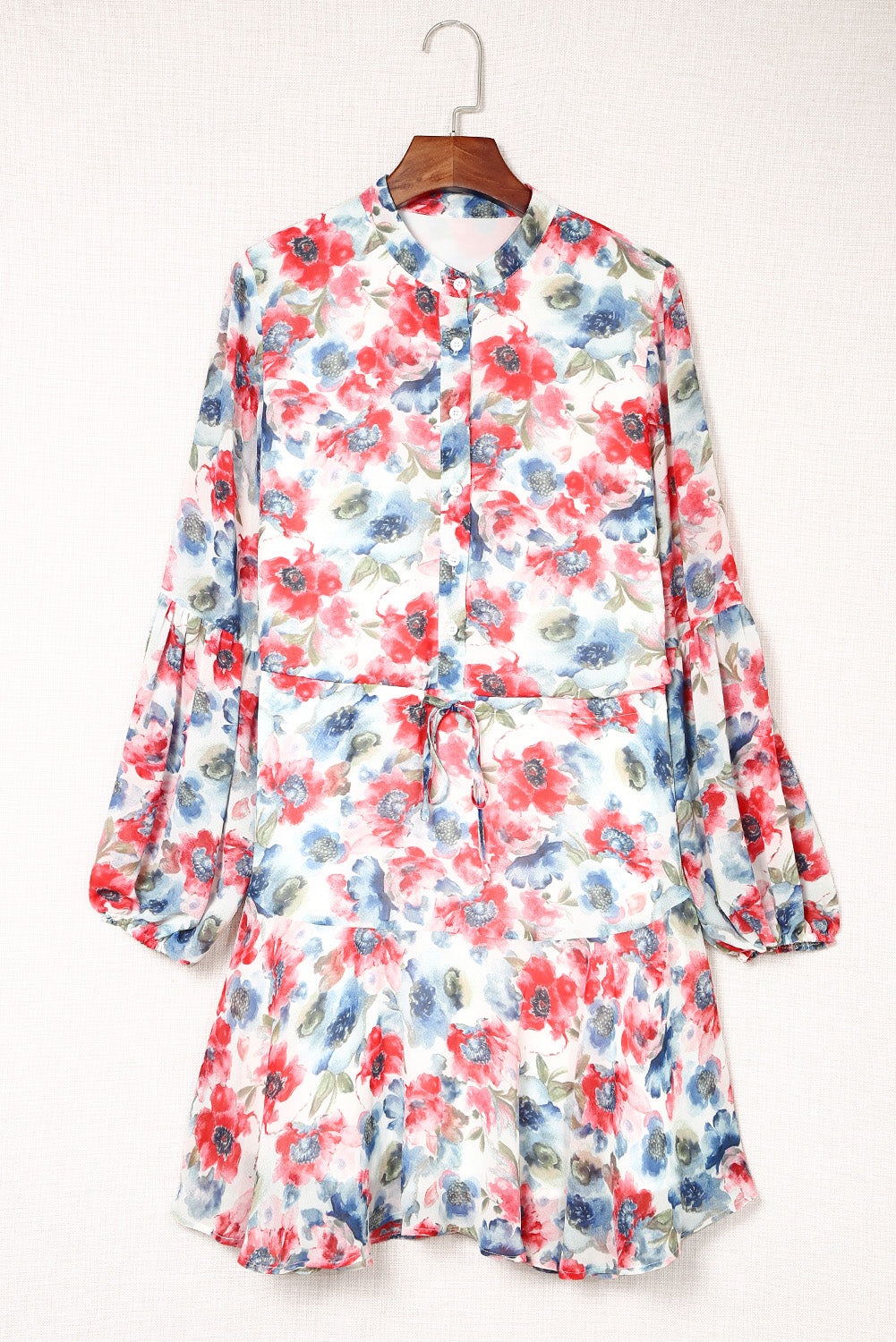 Sky Blue Vintage Floral Print Drawstring Flowy Dress Dresses JT's Designer Fashion