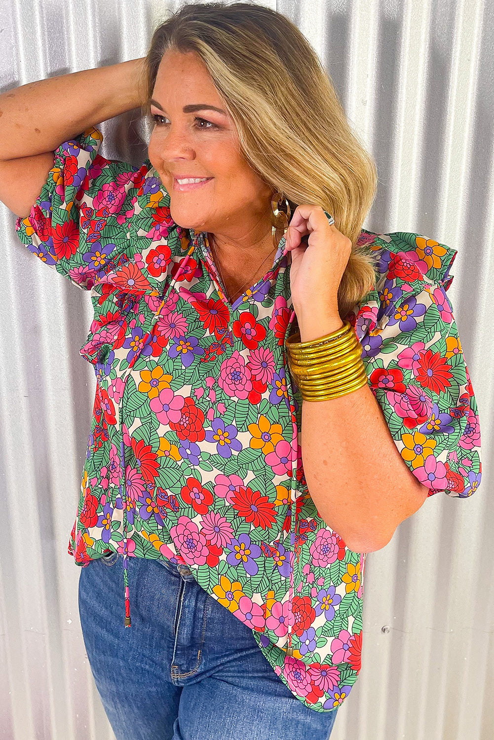 Multicolour Ruffle Trim Split Neck Plus Size Floral Blouse Plus Size JT's Designer Fashion