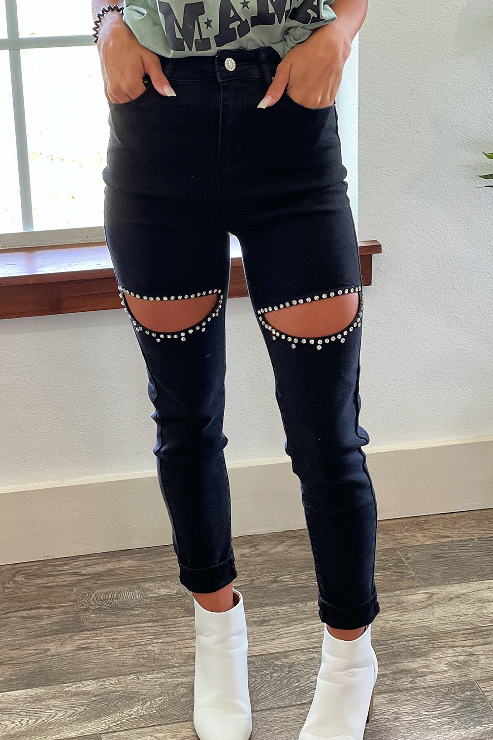 Black Rhinestone Cutout Skinny Jeans Black 70%Cotton+28.5%Polyester+1.5%Spandex Jeans JT's Designer Fashion