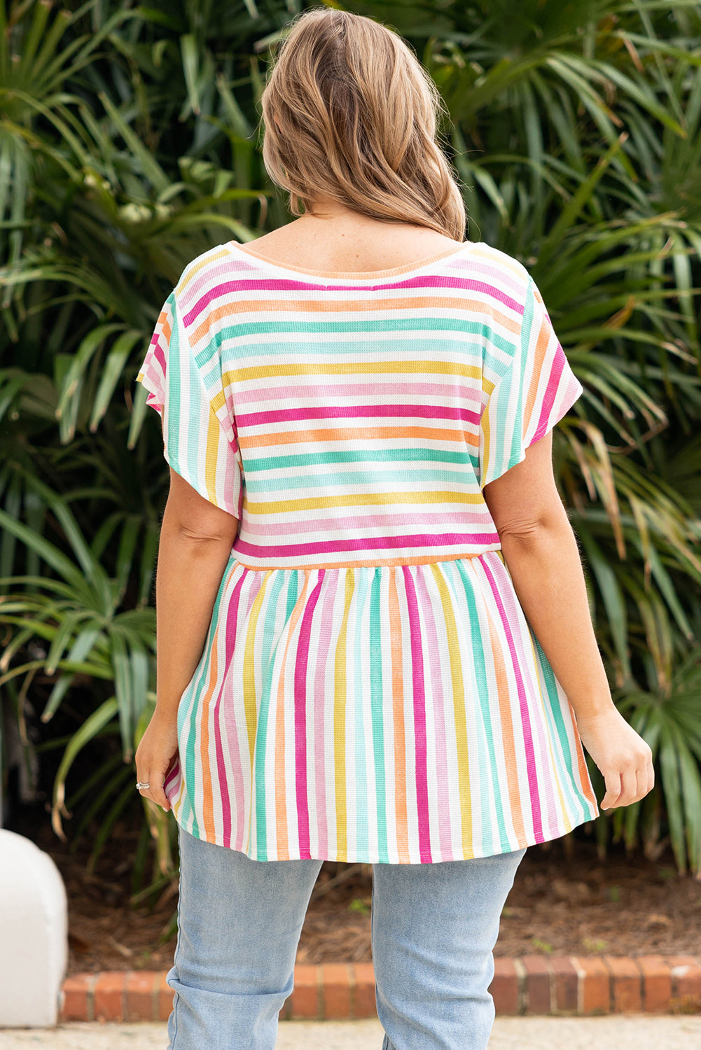 Multicolor Striped Ruffle Sleeve Plus Size Babydoll Top Plus Size Tops JT's Designer Fashion