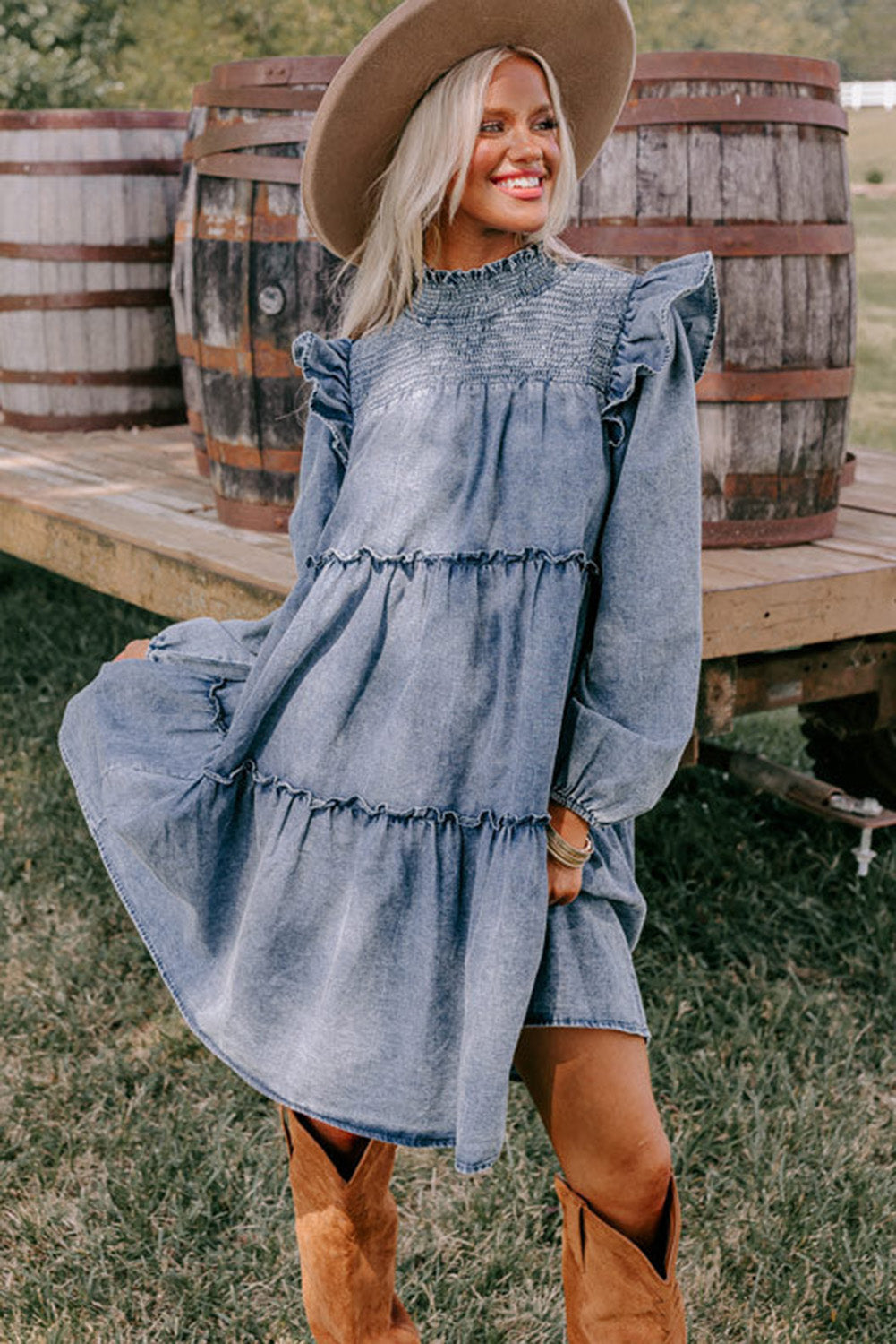 Beau Blue Ruffled Puff Sleeve Ruched Neck Tiered Denim Dress Dresses JT's Designer Fashion