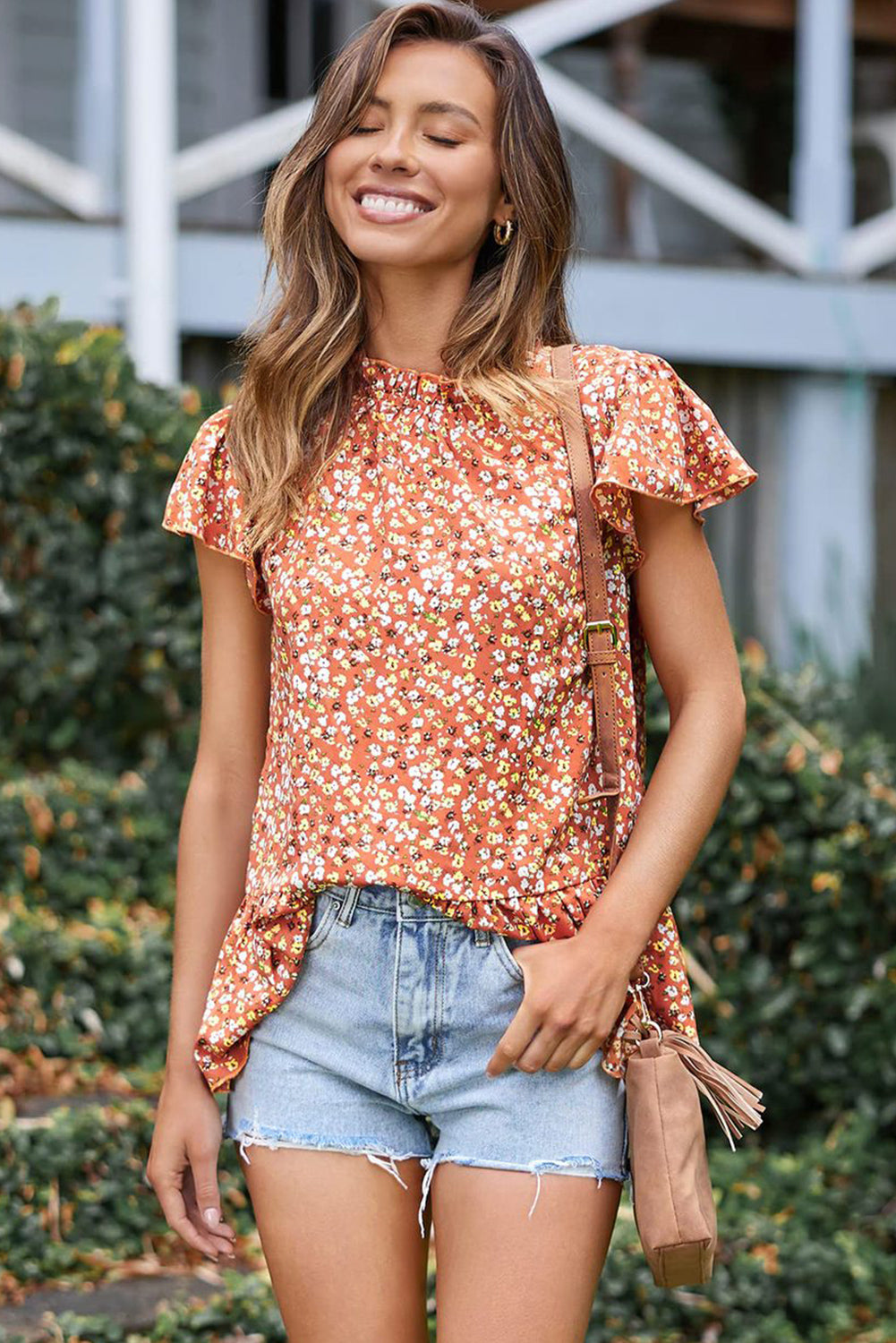 Orange Frilled Neck Flutter Floral Blouse Blouses & Shirts JT's Designer Fashion