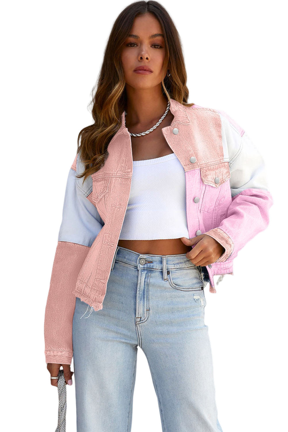 Pirouette Color Block Denim Patchwork Frayed Hem Jacket Denim jackets JT's Designer Fashion