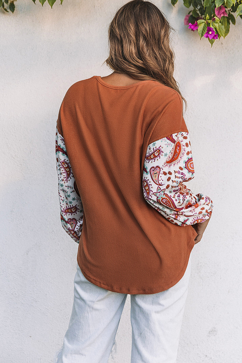 Orange Paisley Contrast Bubble Sleeve Ribbed Top Long Sleeve Tops JT's Designer Fashion