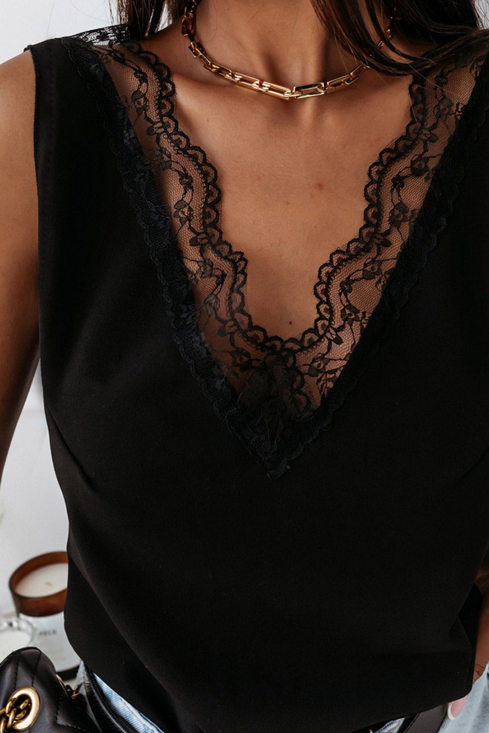 Black Lace Splicing Open Back V Neck Tank Top Tank Tops JT's Designer Fashion