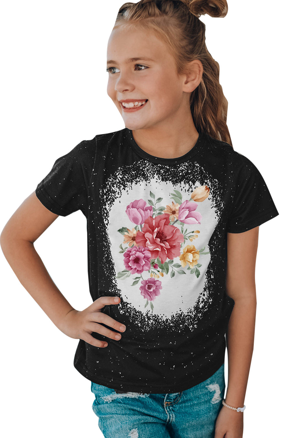 Black Family Matching Girl's Floral Print Color Block T Shirt Family T-shirts JT's Designer Fashion