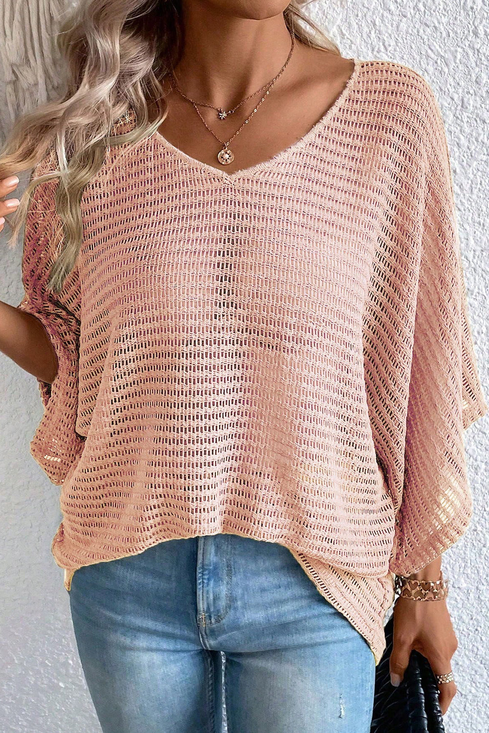 Dusty Pink Textured Batwing Sleeve V Neck Blouse Tops & Tees JT's Designer Fashion