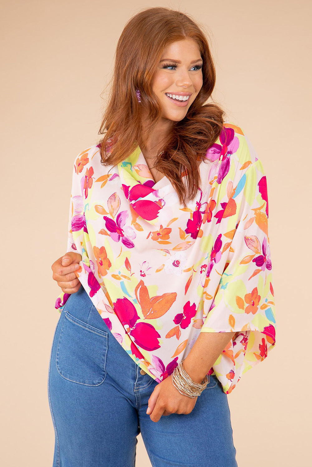 Multicolor Floral Print Cowl Neck Plus Size Blouse Plus Size Tops JT's Designer Fashion