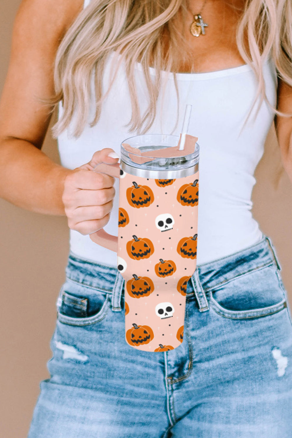 Orange Halloween Pumpkin Skull Print Handle Straw Tumbler Tumblers JT's Designer Fashion