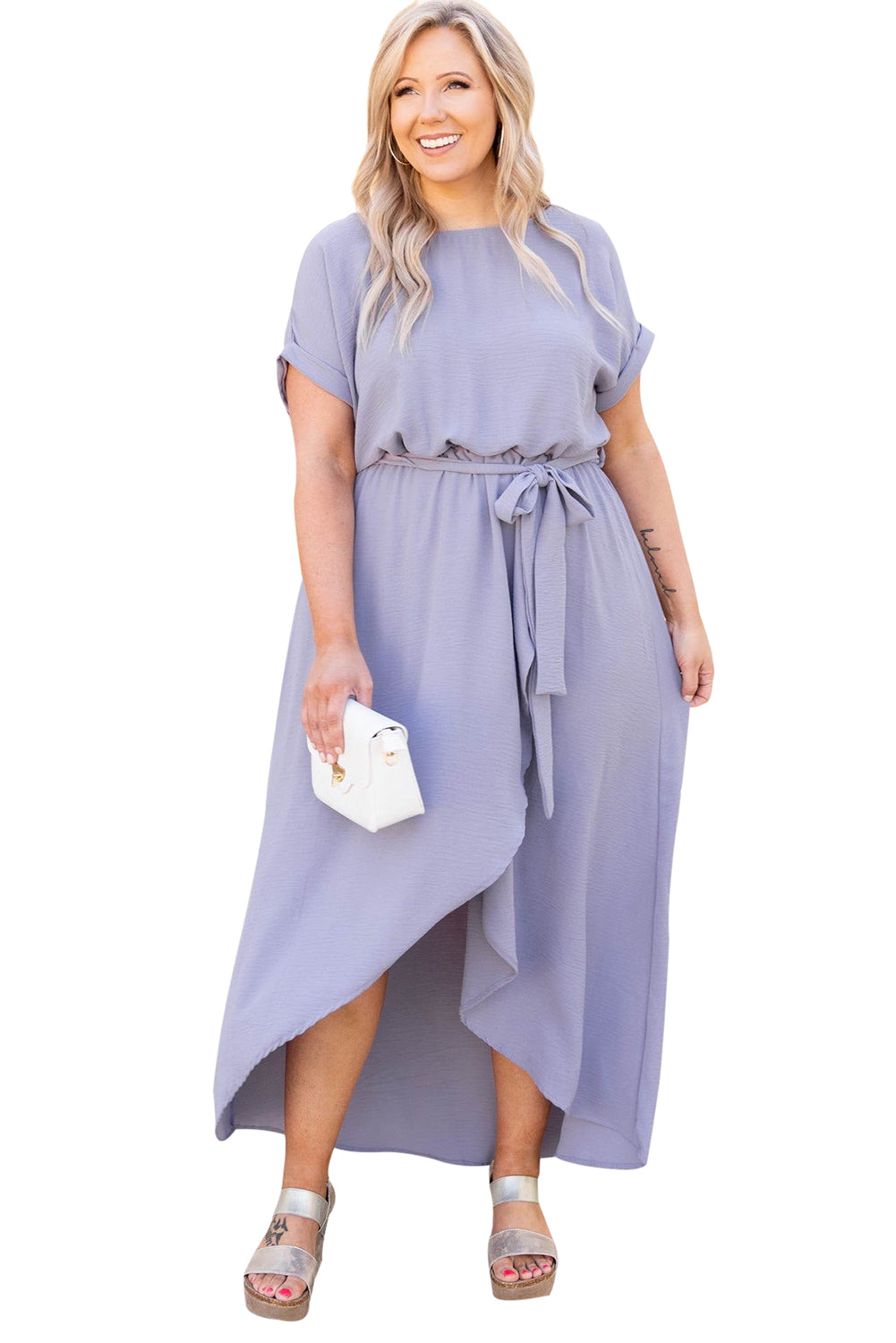 Purple Plus Size Roll up Short Sleeves High Low Maxi Dress Plus Size Dresses JT's Designer Fashion