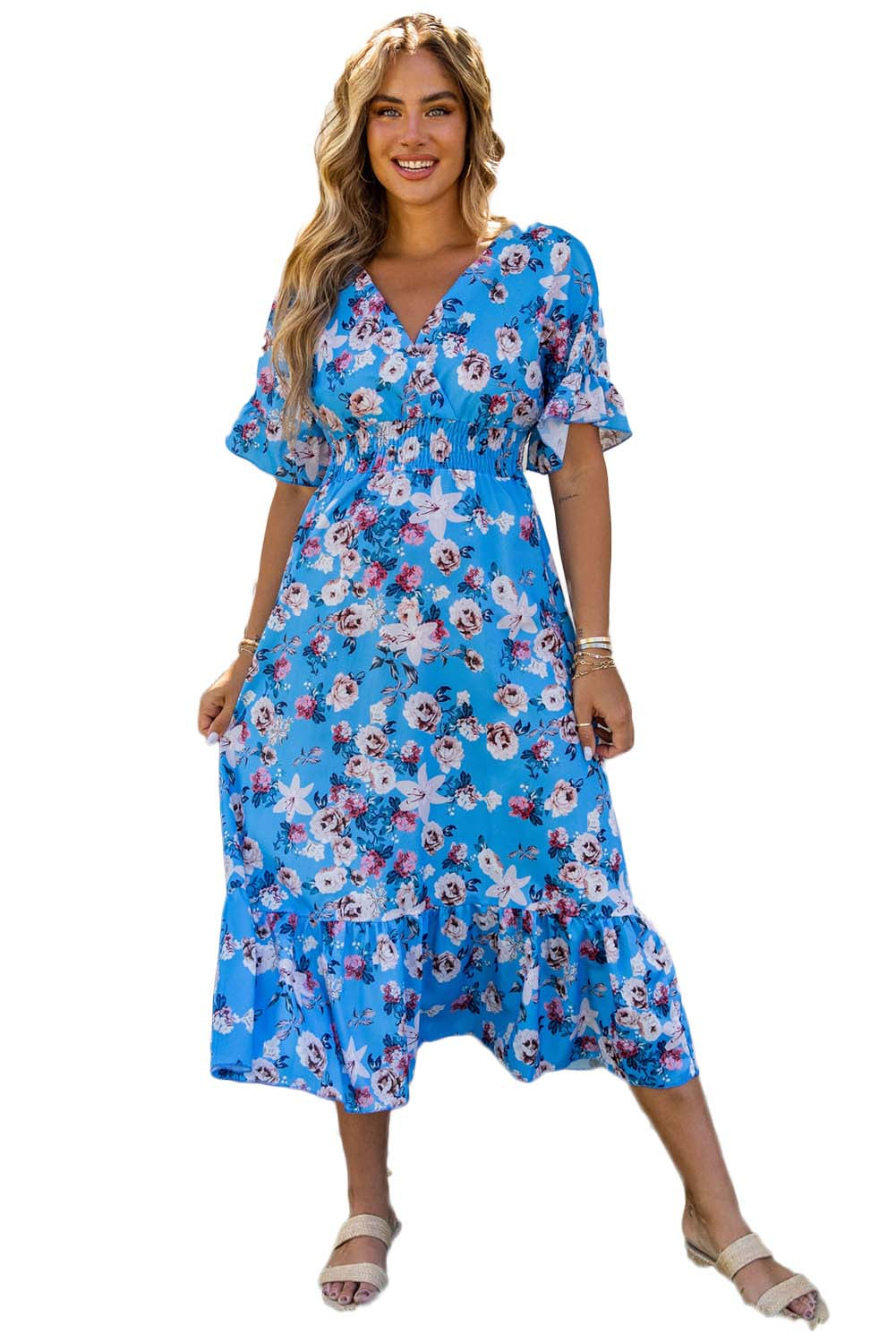 Blue Ruffle Short Sleeve Bohemian Flower Long Dress Floral Dresses JT's Designer Fashion