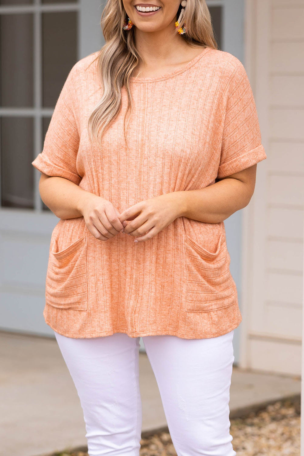 Orange Plus Size Cuffed Short Sleeve Knit Top with Pockets Plus Size JT's Designer Fashion