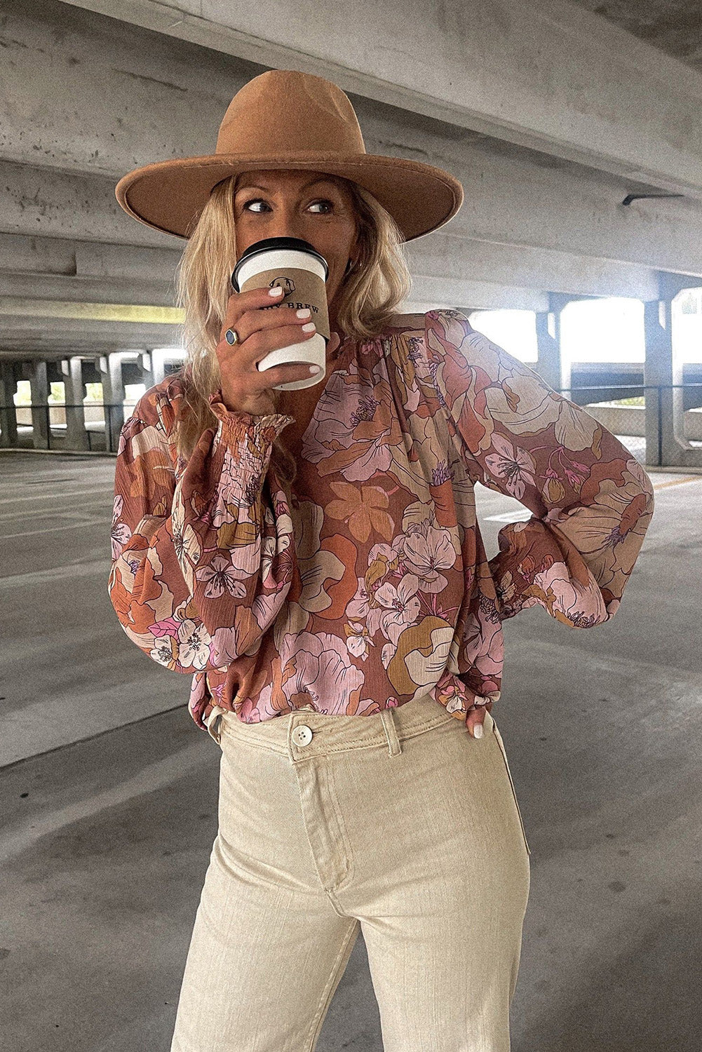 Brown Frilled V Neck Bubble Sleeve Floral Blouse Blouses & Shirts JT's Designer Fashion