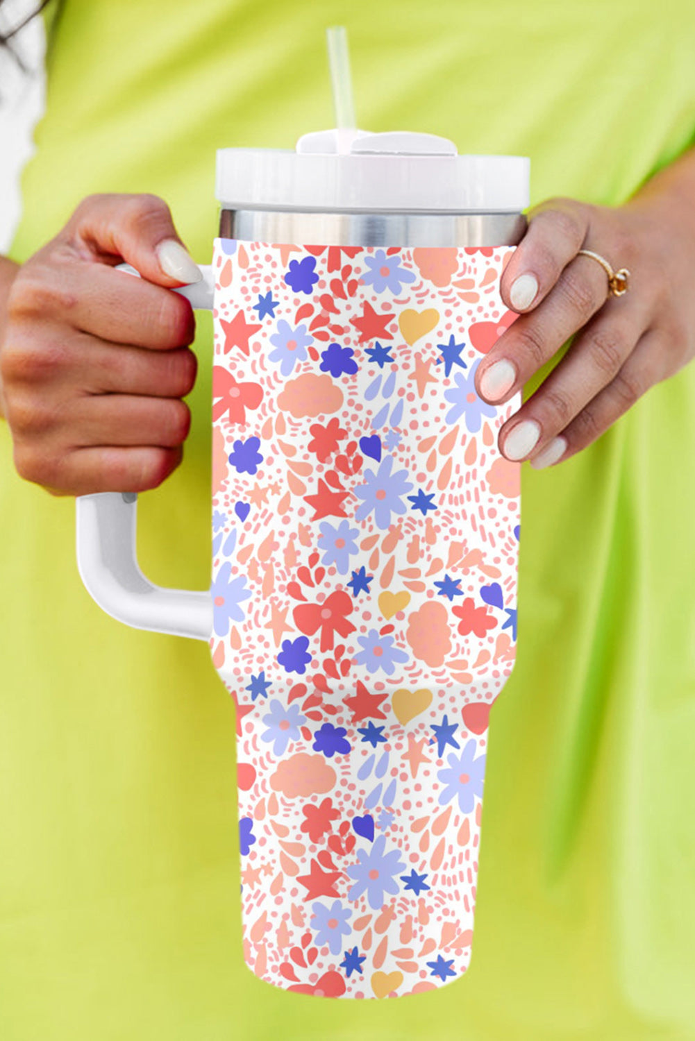 White Festive Printed Stainless Thermos Cup with Handle Tumblers JT's Designer Fashion