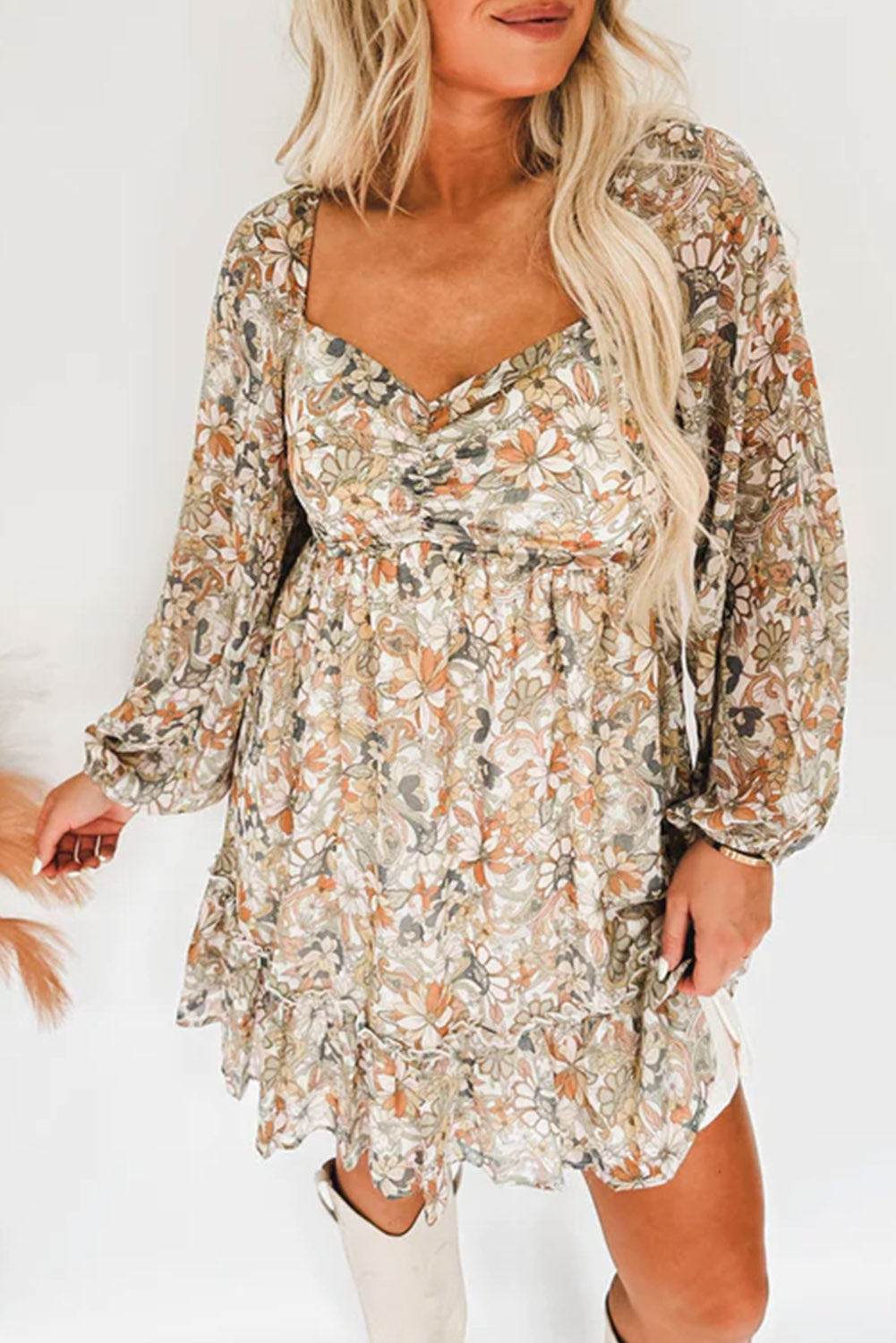 Floral Print Smocked Back Puff Sleeve Mini Dress Floral Dresses JT's Designer Fashion