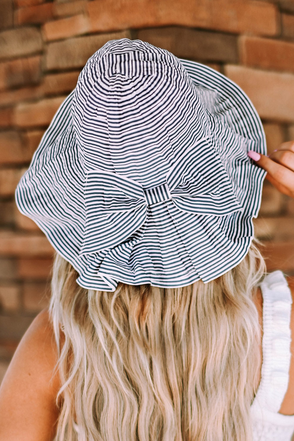 Sky Blue Striped Print Bow Knot Wide Brim Buckle Hat Hats & Caps JT's Designer Fashion